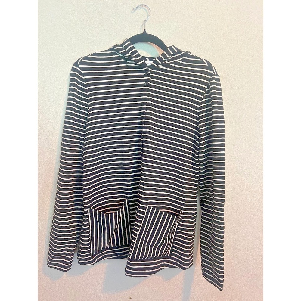Isaac Mizrahi Live Striped Hoodie Sweater Black White Nautical Coastal Grandma